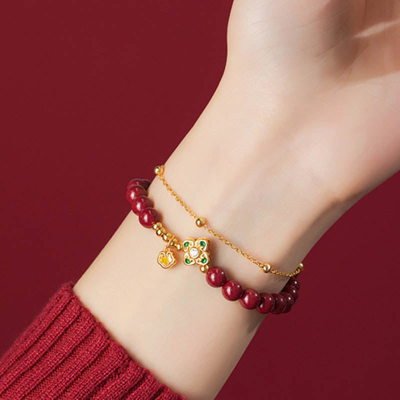 Nimara Ritual 925 Sterling Silver Natural Cinnabar Four Leaf Clover Flower Blessing Chain Bracelet