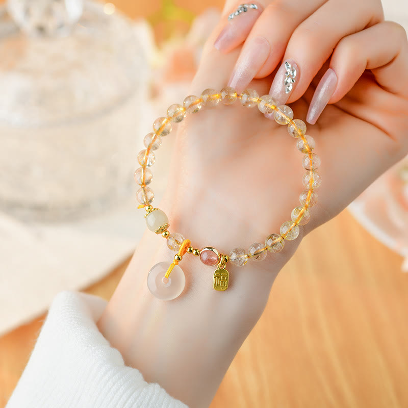 Nimara Ritual Natural Golden Rutilated Quartz Fu Character Peace Buckle Charm Wealth Bracelet