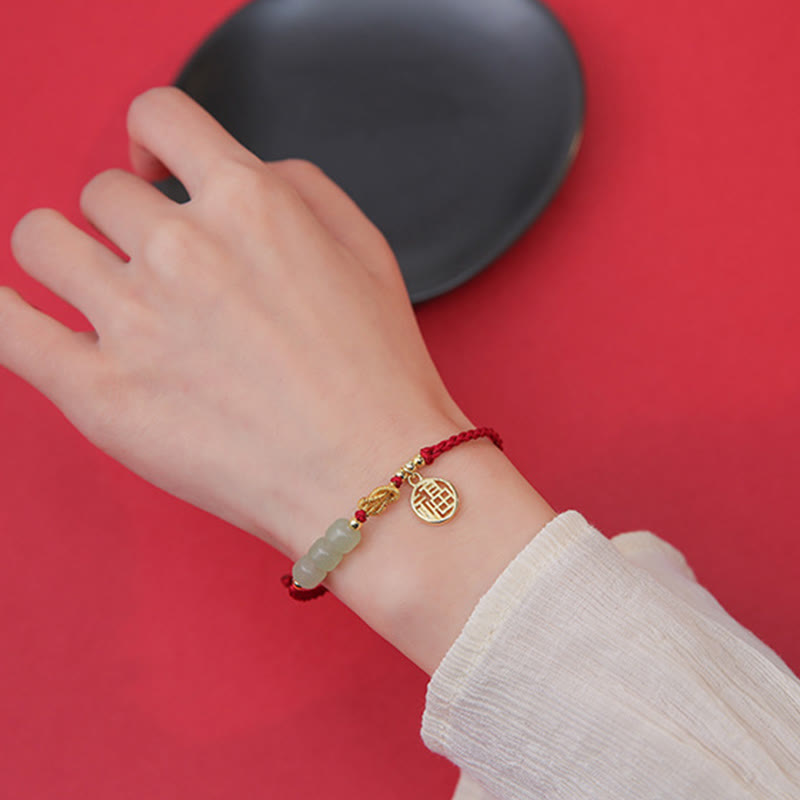 Nimara Ritual Handcrafted Jade Bead Fu Character Charm Luck Red Rope Bracelet