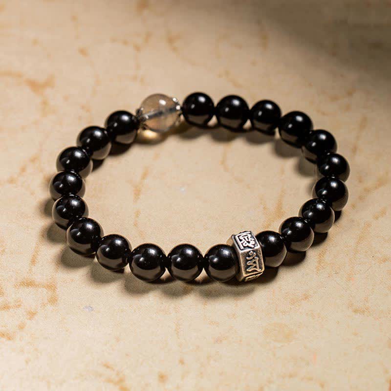 Nimara Ritual Chinese Zodiac Natal Buddha 925 Sterling Silver Black Obsidian Moonstone Strength Bracelet