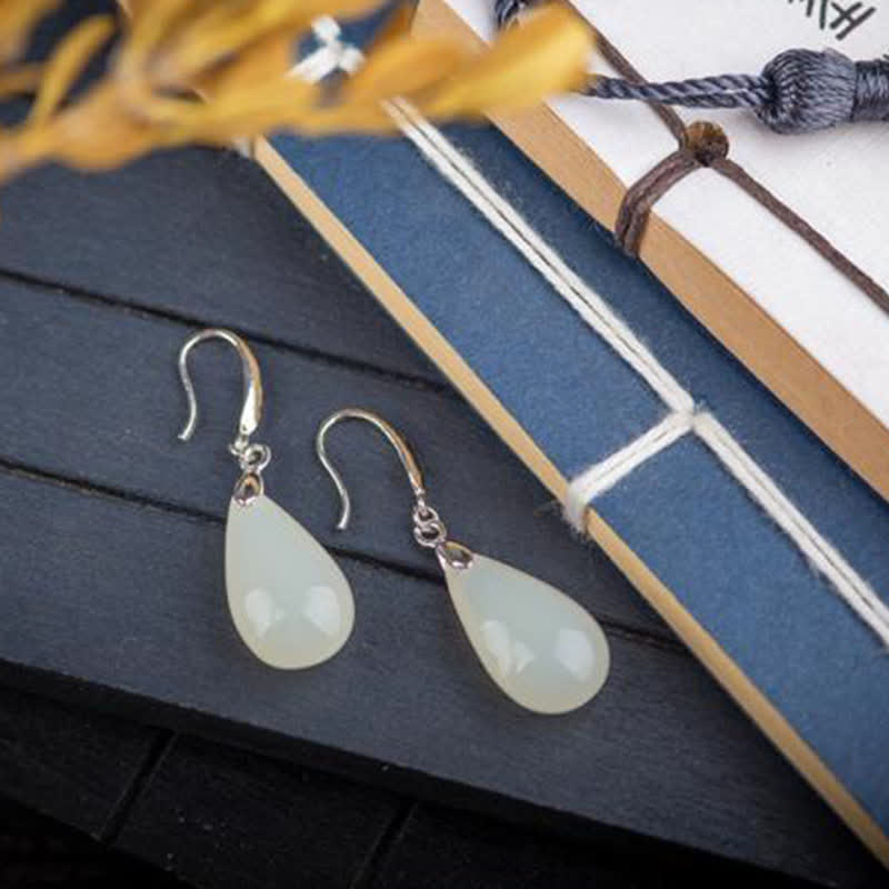 Nimara Ritual Hetian White Jade Water Drop Luck Blessing Dangle Earrings