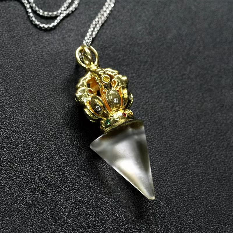 Nimara Ritual Tibetan Dorje Vajra 4 Prong Lotus Liuli Crystal Strength Necklace Pendant