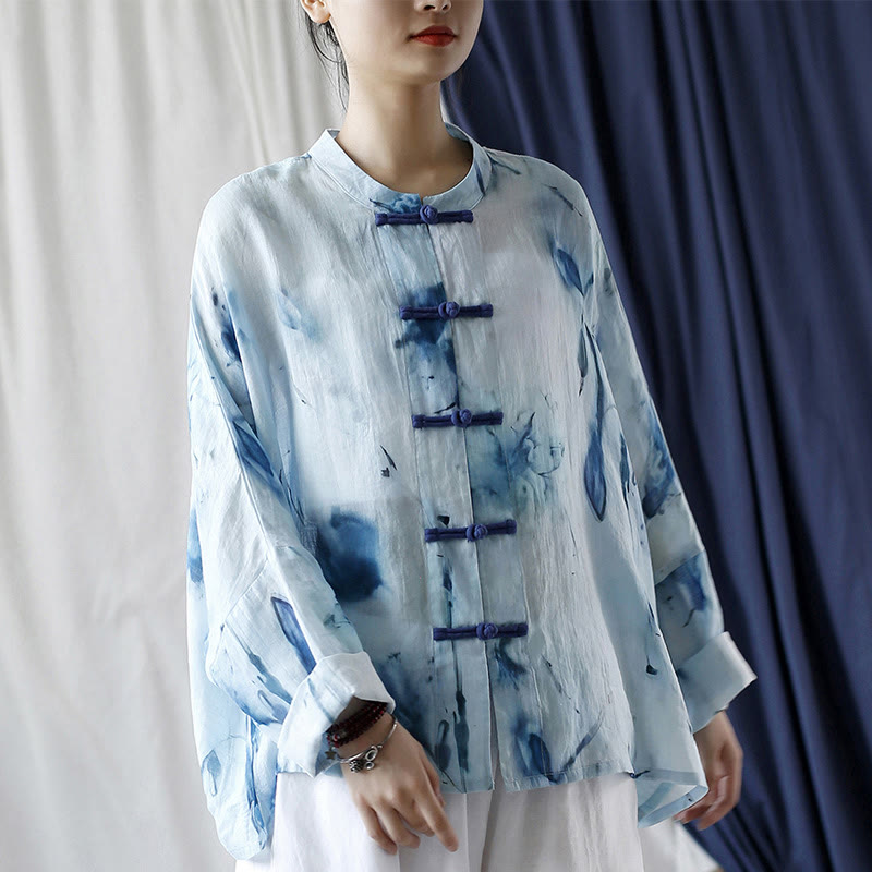 Nimara Ritual Tie Dye Blue Flowers Frog-Button Design Long Sleeve Ramie Linen Jacket Shirt