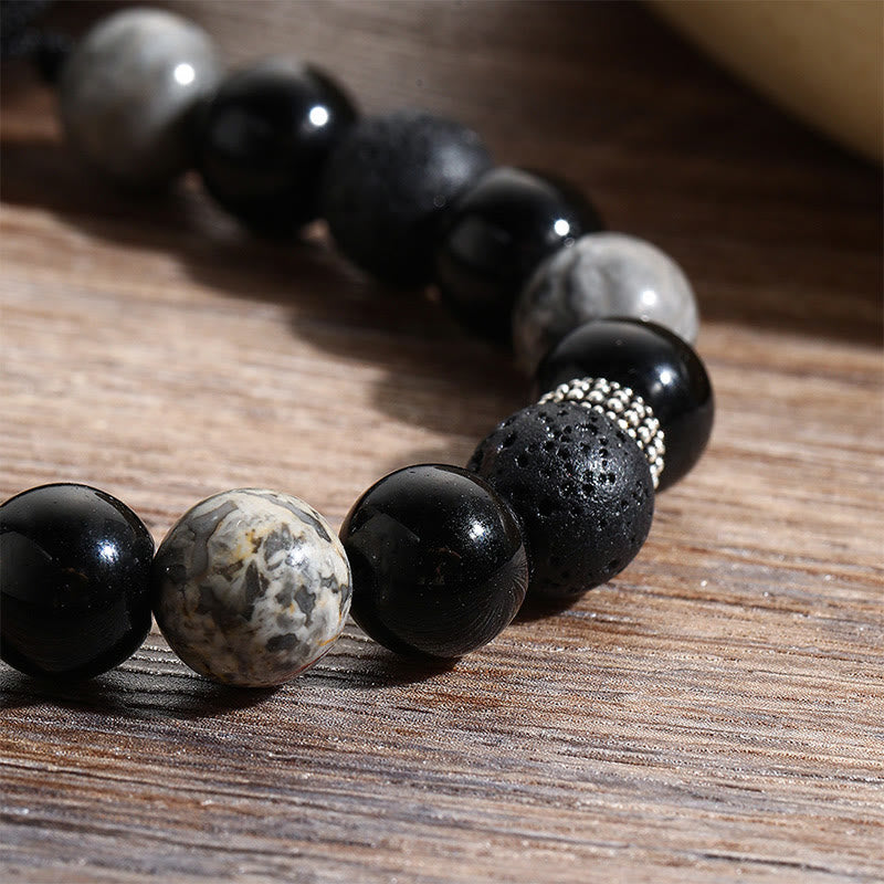 Nimara Ritual Vintage Lava Rock Black Obsidian Picasso Jasper Beads Support Rope Bracelet