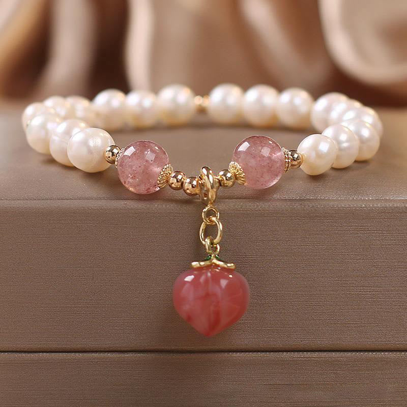 Nimara Ritual Natural Pearl Strawberry Quartz Peach Love Heart Wisdom Charm Bracelet