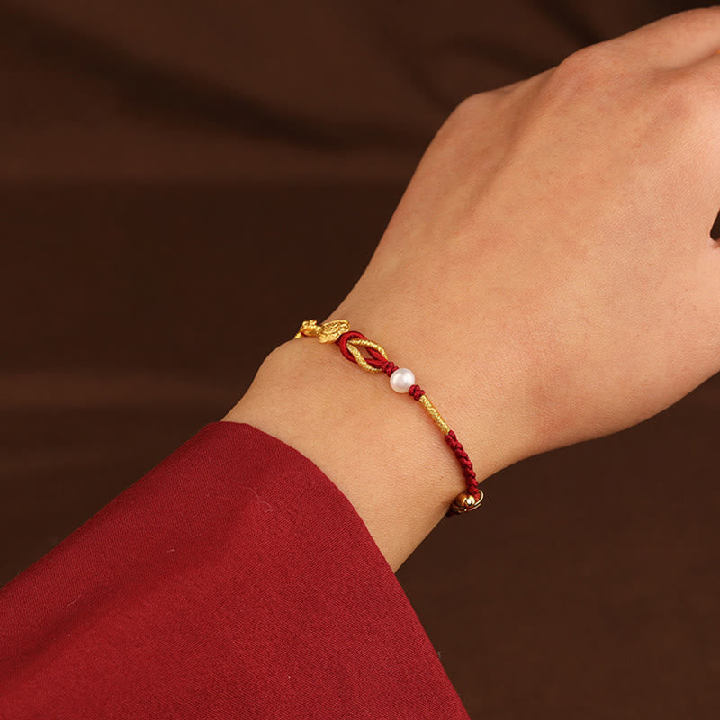 Nimara Ritual 24K Gold Wish Ruyi Handle Fu Character Rabbit Pearl Luck Braided Bracelet