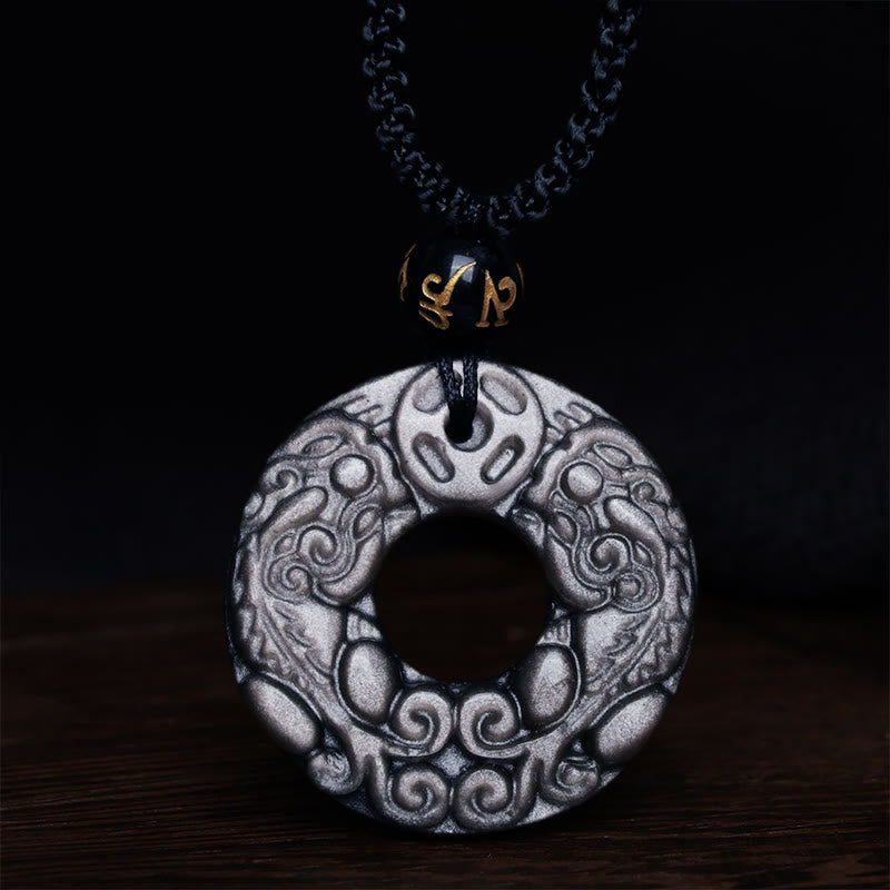 Nimara Ritual Natural Silver Sheen Obsidian Double PiXiu Copper Coin Peace Buckle Protection Necklace Pendant