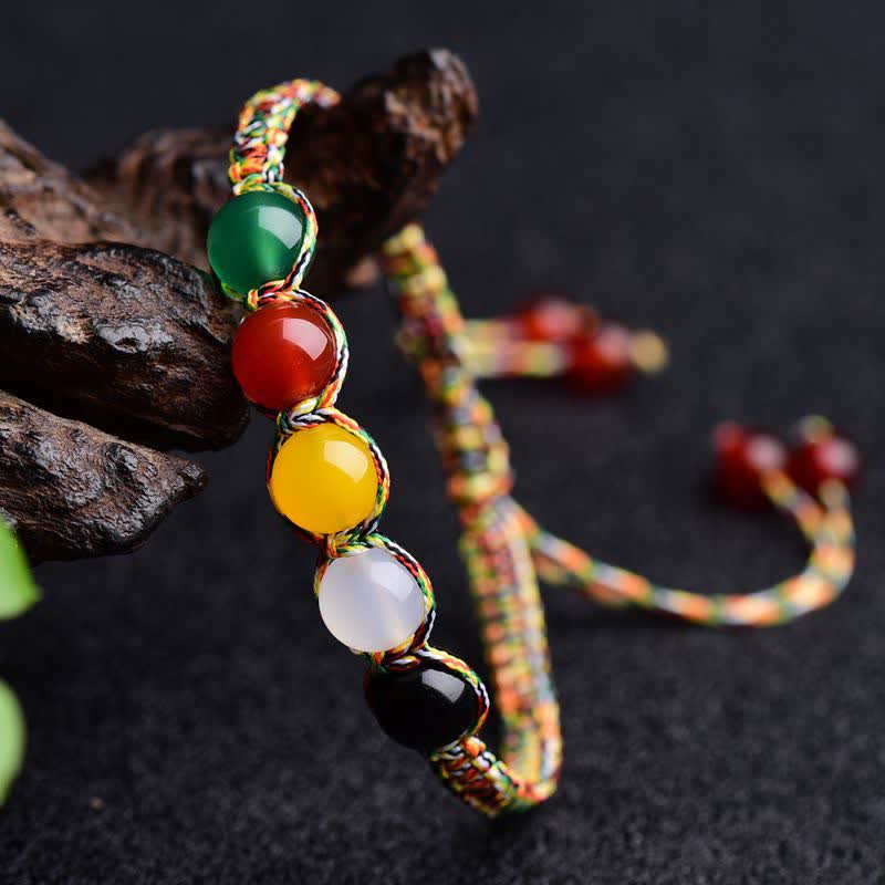 Nimara Ritual Colorful Agate Metal Wood Water Fire Earth Five Elements String Bracelet