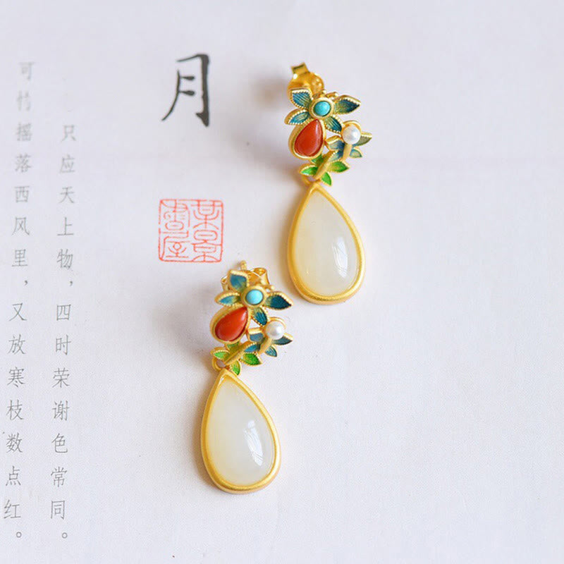 Nimara Ritual Water Drop White Jade Red Agate Butterfly Protection Drop Dangle Earrings