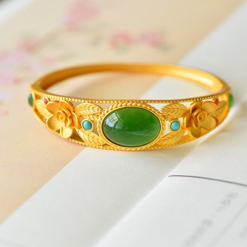 Nimara Ritual Cyan Jade White Jade Flower Leaf Harmony Luck Bracelet Bangle
