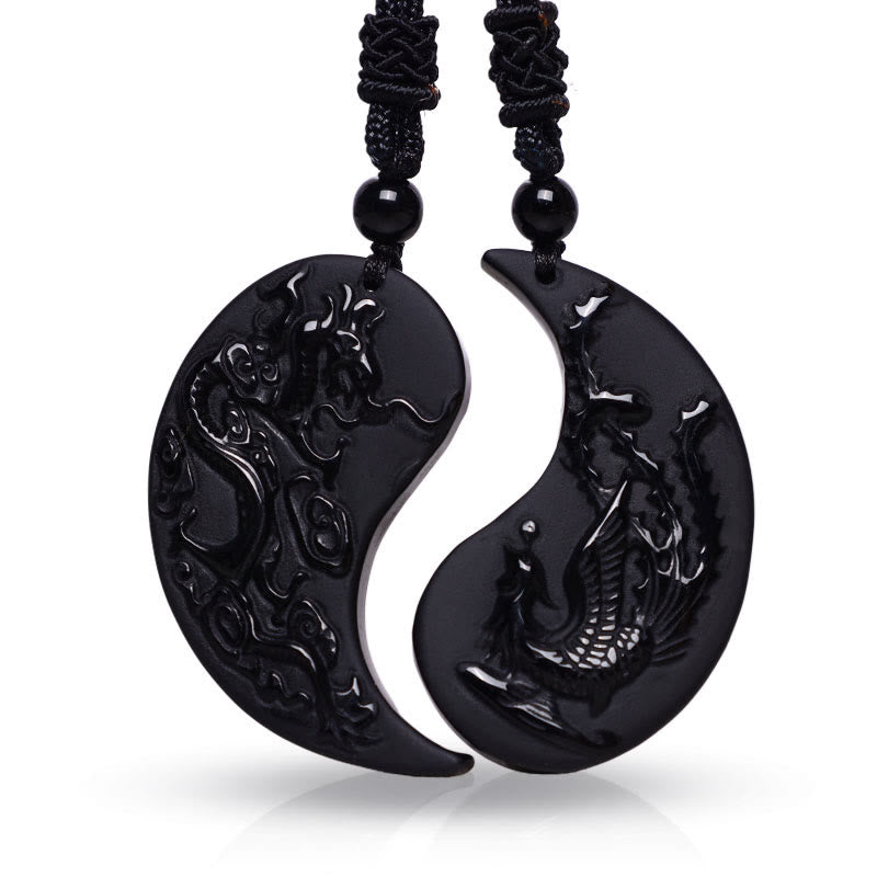 Nimara Ritual Black Obsidian Yin Yang Dragon Phoenix Luck Necklace Pendant