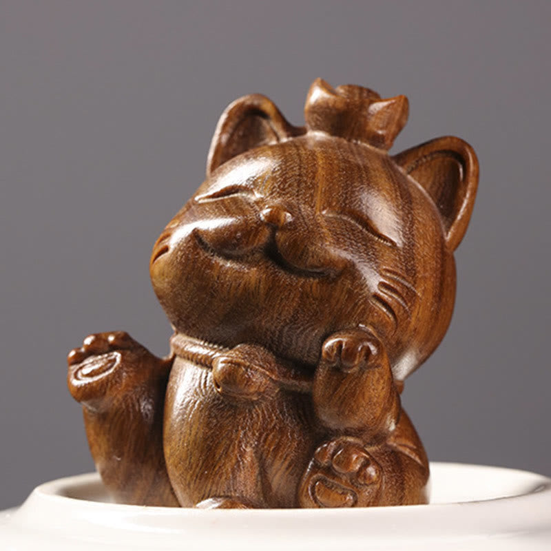 Nimara Ritual Mini Green Sandalwood Ingot Lucky Cat Carved Peace Desk Decorations