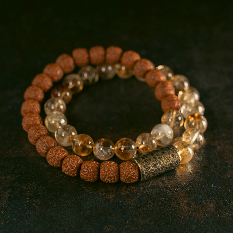 Nimara Ritual Natural Citrine Crystal Rudraksha Bodhi Seed Brass Bead Prosperity Double Wrap Bracelet