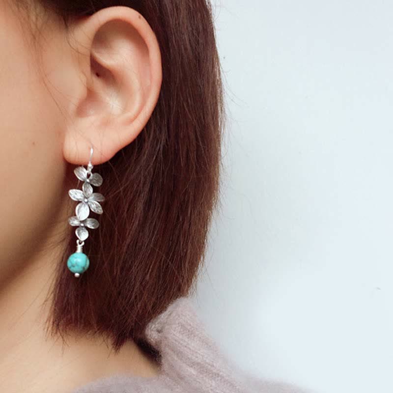 Nimara Ritual 925 Sterling Silver Turquoise Lazurite Flower Leaf Serenity Protection Hook Drop Dangle Earrings