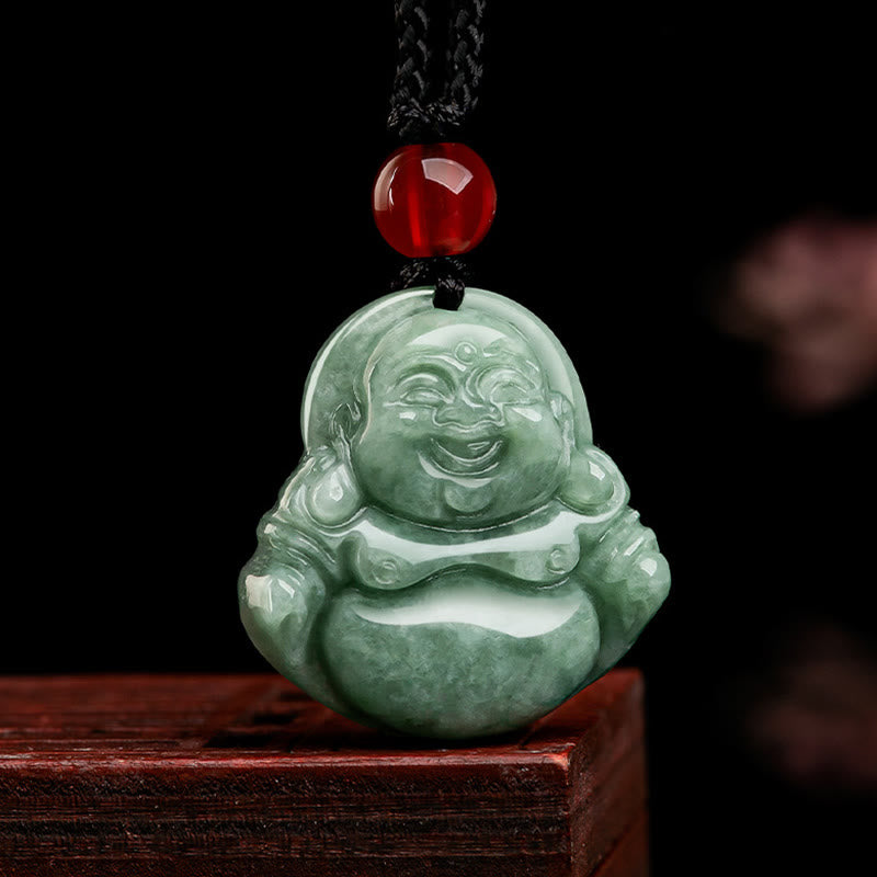 Nimara Ritual Natural Green Jade Laughing Buddha Luck Abundance Necklace Pendant