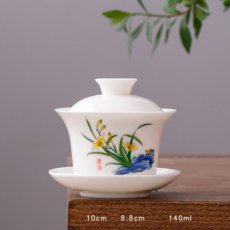Nimara Ritual White Porcelain Mountain Landscape Countryside Ceramic Gaiwan Teacup Kung Fu Tea Cup And Saucer With Lid