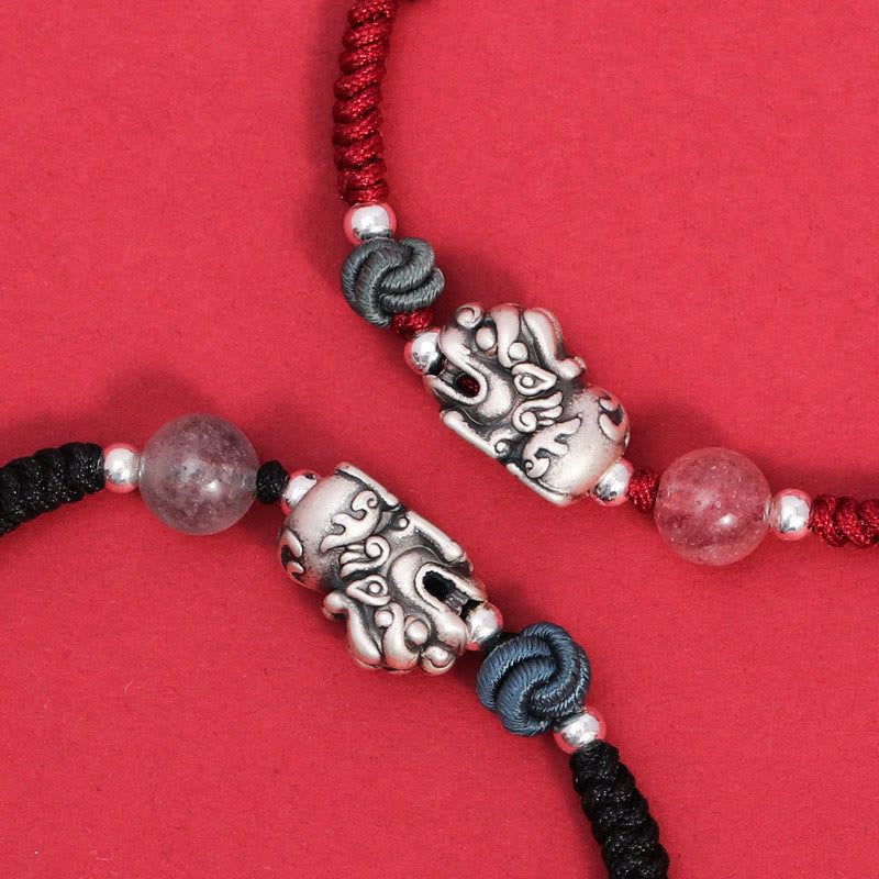 Nimara Ritual 999 Sterling Silver PiXiu Strawberry Quartz Bead Wealth Luck Braided Bracelet