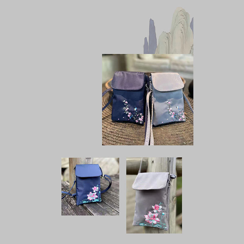 Nimara Ritual Waterproof Handmade Embroidered Lotus Flowers Crossbody Bag Shoulder Bag Cellphone Bag