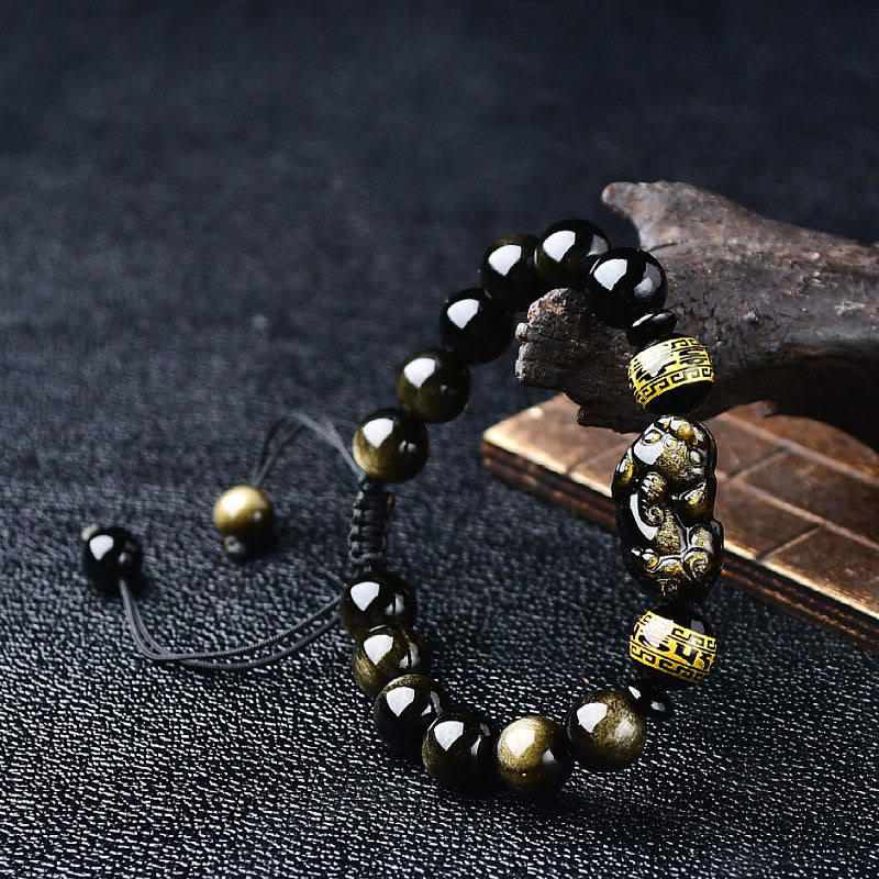 Nimara Ritual Natural Gold Sheen Obsidian PiXiu Om Mani Padme Hum Wealth Braided Bracelet