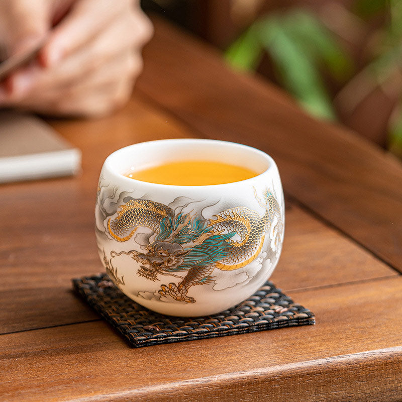 Nimara Ritual Dragon Phoenix Auspicious Clouds Ceramic Teacup Kung Fu Tea Cup With Gift Box