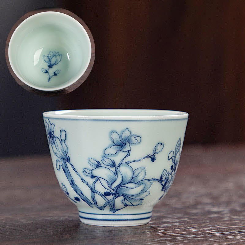 Nimara Ritual Blue Landscape Mountains Lotus Cute Cat Pavilions Magnolia Reed Egrets Ceramic Teacup Small Kung Fu Tea Cup