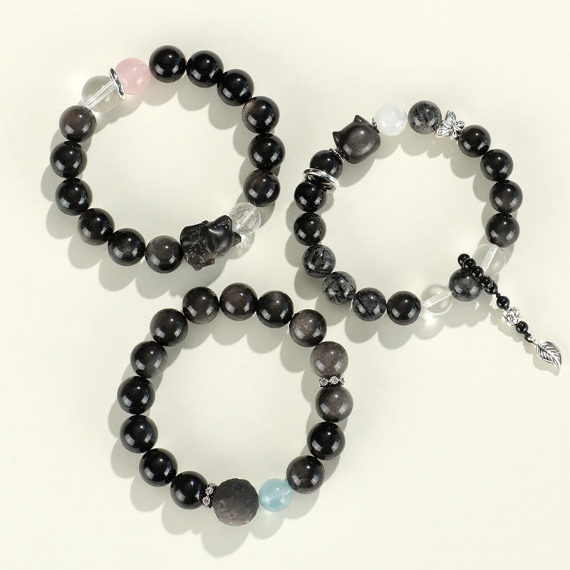 Nimara Ritual Natural Silver Sheen Obsidian Cat Head Fox Planet Protection Bracelet