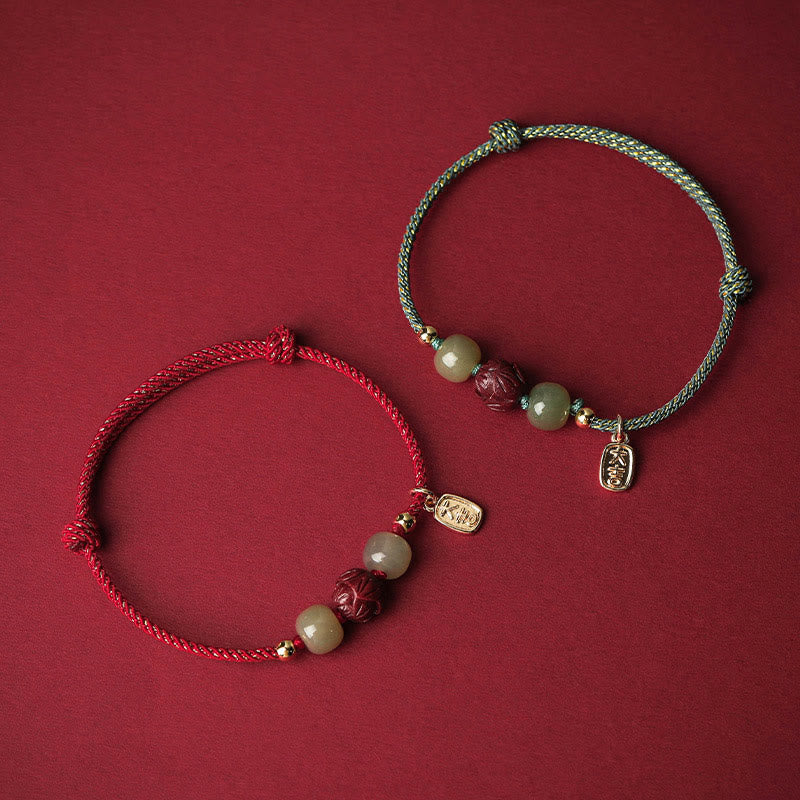 Nimara Ritual 14K Gold Plated Hetian Jade Cinnabar Lotus Luck Handcrafted Rope Bracelet