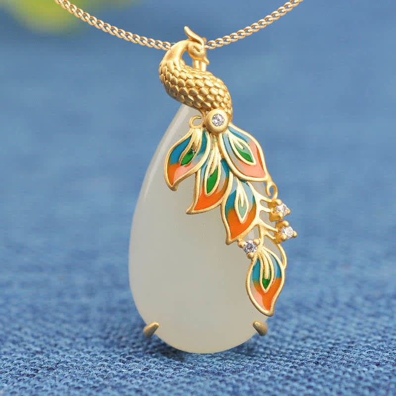 Nimara Ritual White Jade Peacock Protection Necklace Chain Pendant