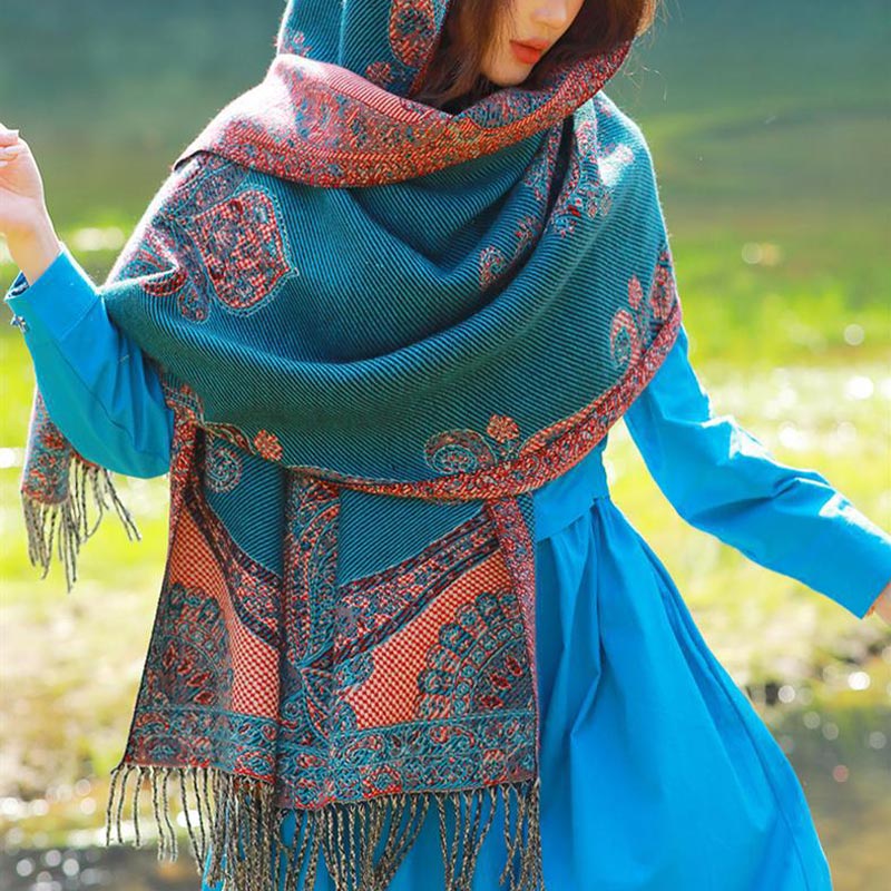 Nimara Ritual Tibetan Vine Leaves Pattern Design Shawl Cozy Travel Scarf Wrap