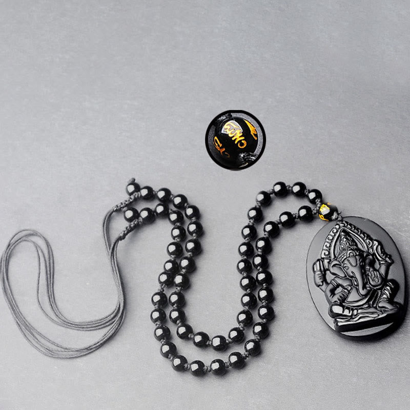 Nimara Ritual Tibetan Obsidian Ganesh Ganpati Elephant Wealth Amulet Necklace