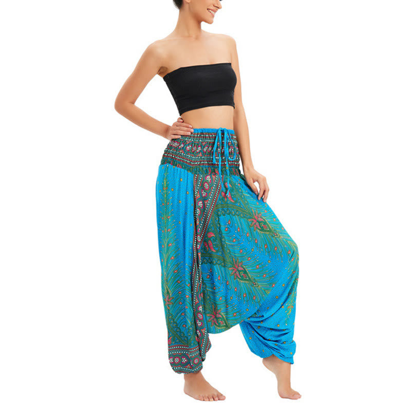 Nimara Ritual Two Style Wear Peacock Feather Loose Smocked Harem Trousers Jumpsuit High Waist Pants