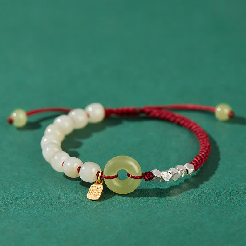 Nimara Ritual 925 Sterling Silver Hetian Jade Peace Buckle Beaded Luck Happiness Charm Bracelet