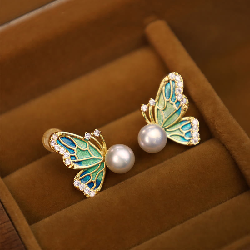 Nimara Ritual 925 Sterling Silver Posts 18K Gold Plated Copper Natural Pearl Butterfly Healing Stud Earrings