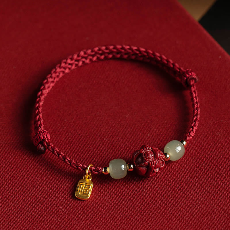 Nimara Ritual Natural Cinnabar Chinese Zodiac Hetian Jade Fu Character Luck Rope Bracelet