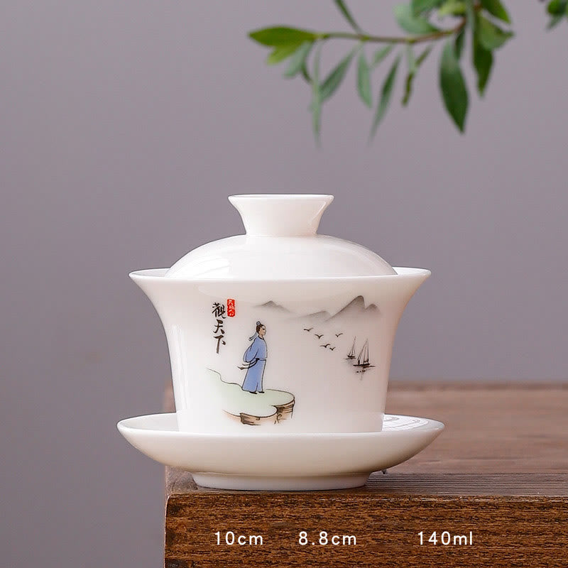 Nimara Ritual White Porcelain Mountain Landscape Countryside Ceramic Gaiwan Teacup Kung Fu Tea Cup And Saucer With Lid