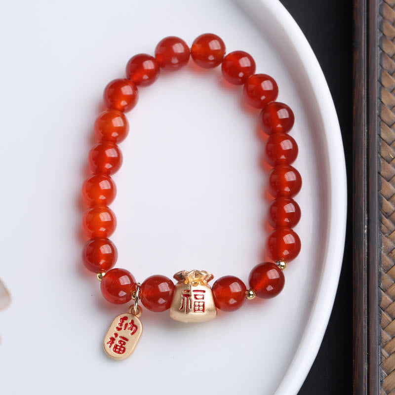 Nimara Ritual Natural White Agate Red Agate Money Bag Fu Character Four Leaf Clover Protection Bracelet