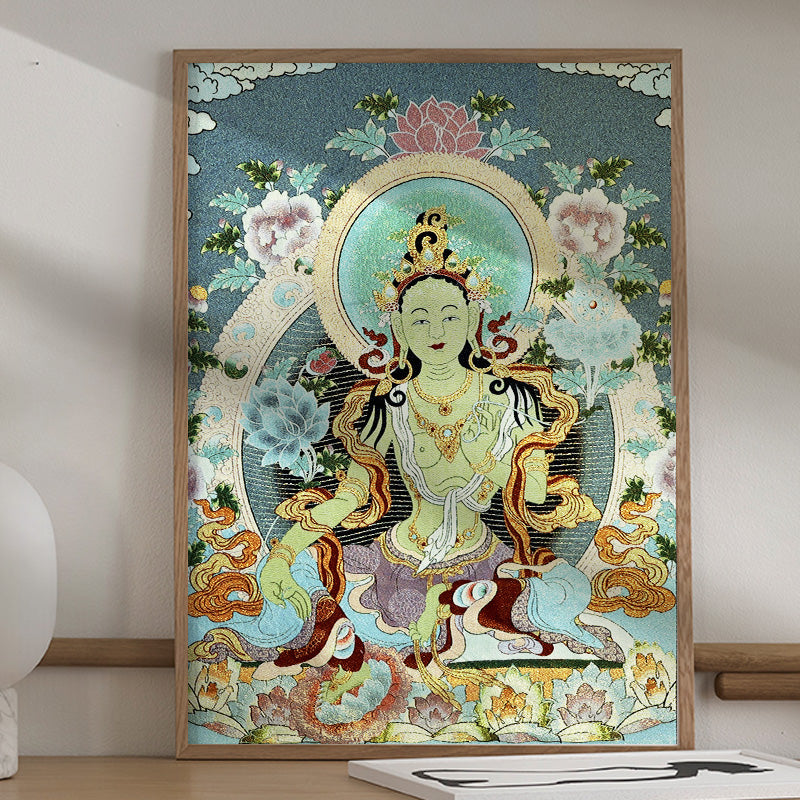 Nimara Ritual Tibetan Embroidery White Tara Thangka Tapestry Wall Hanging Wall Art Meditation for Home Decor