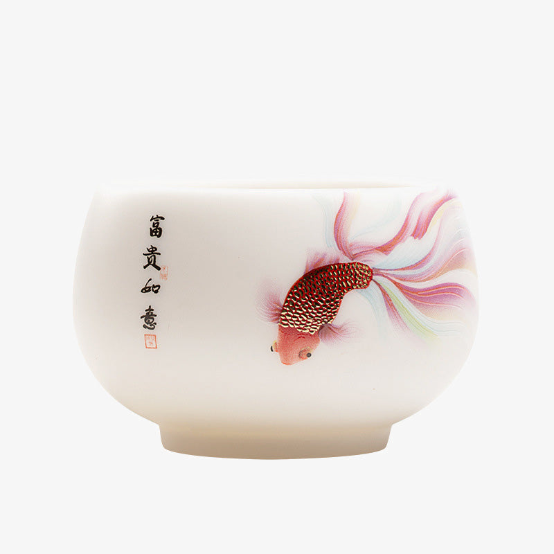 Nimara Ritual Koi Fish White Porcelain Ceramic Teacup Kung Fu Tea Cup