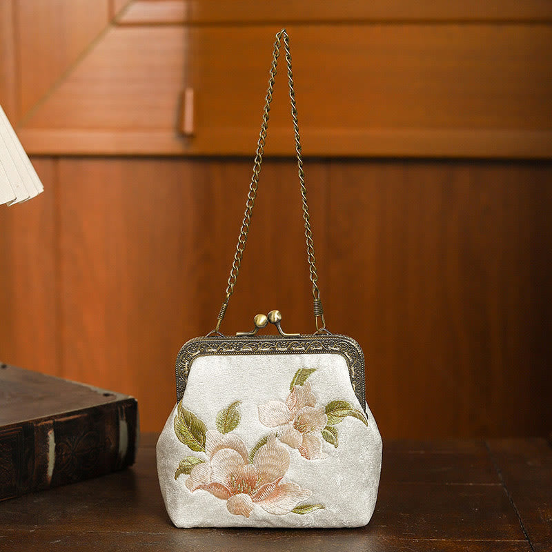 Nimara Ritual Orchids Oriental Cherry Butterfly Embroidery Metal Handle Handbag