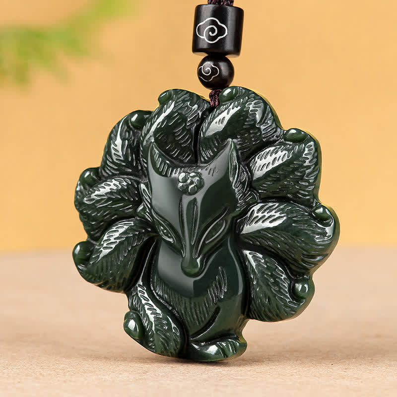 Nimara Ritual Hetian Cyan Jade Nine Tailed Fox Luck Necklace String Pendant
