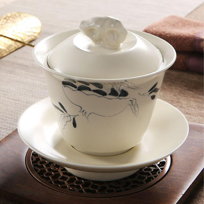 Nimara Ritual Hand Painted Pomegranate Hibiscus Pine Lotus Ceramic Gaiwan Sancai Teacup Kung Fu Tea Cup And Saucer With Lid