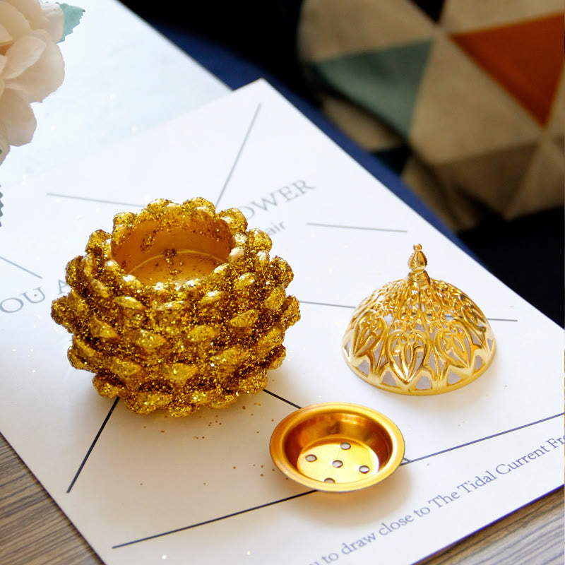 Nimara Ritual Gold Pine Cone Pattern Spiritual Rituals Mini Incense Burner Home Tabletop Decor