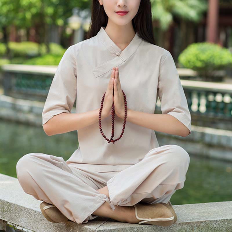 Nimara Ritual 2Pcs Half Sleeve V-Neck Shirt Top Pants Meditation Zen Tai Chi Linen Clothing Women's Set
