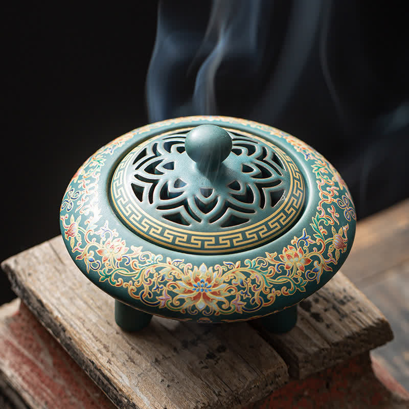 Nimara Ritual Tibetan Floral Pattern Ceramic Blessing Incense Burner Decoration