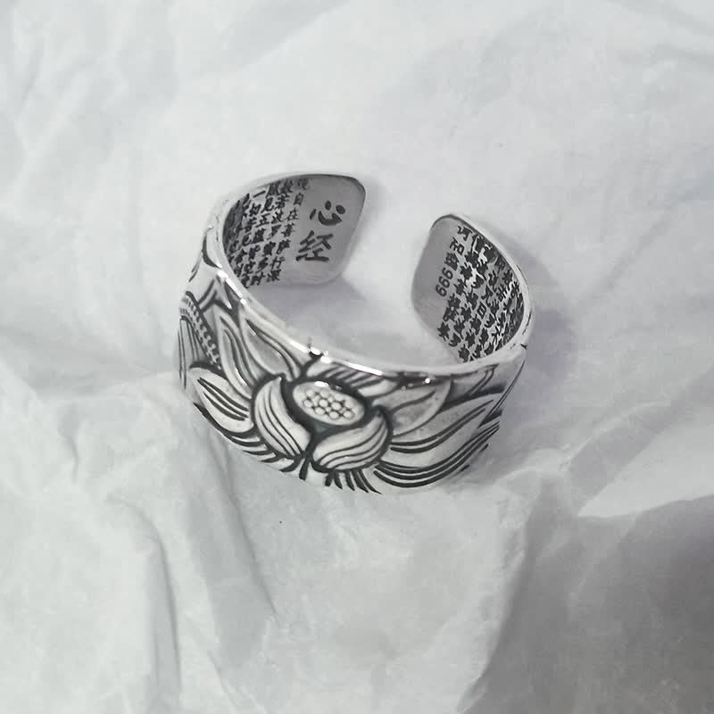 Nimara Ritual 999 Sterling Silver Lotus Symbol Heart Sutra Protection Ring