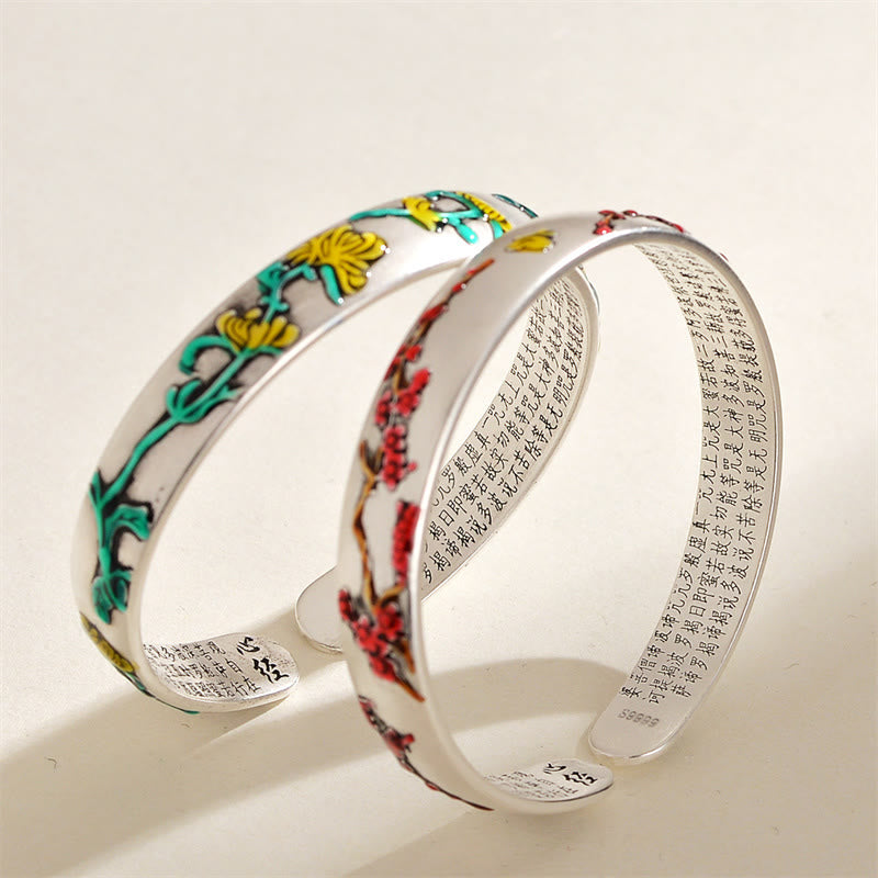 Nimara Ritual Plum Blossom Chrysanthemum Flower Design Heart Sutra Healing Bracelet Cuff Bangle