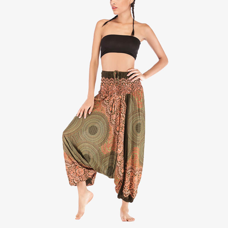Nimara Ritual Two Style Wear Round Geometric Pattern Loose Smocked Harem Trousers Jumpsuit High Waist Women's Yoga Pants