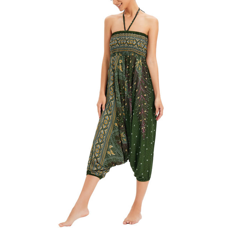 Nimara Ritual Two Style Wear Peacock Feather Loose Smocked Harem Trousers Jumpsuit High Waist Pants