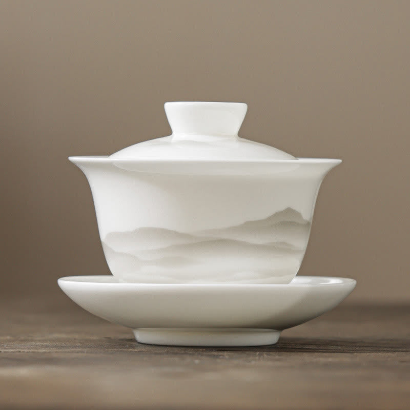 Nimara Ritual Vintage Ink Painting Mountain White Porcelain Ceramic Gaiwan Sancai Teacup Kung Fu Tea Cup And Saucer With Lid Tea Utensil Teapot