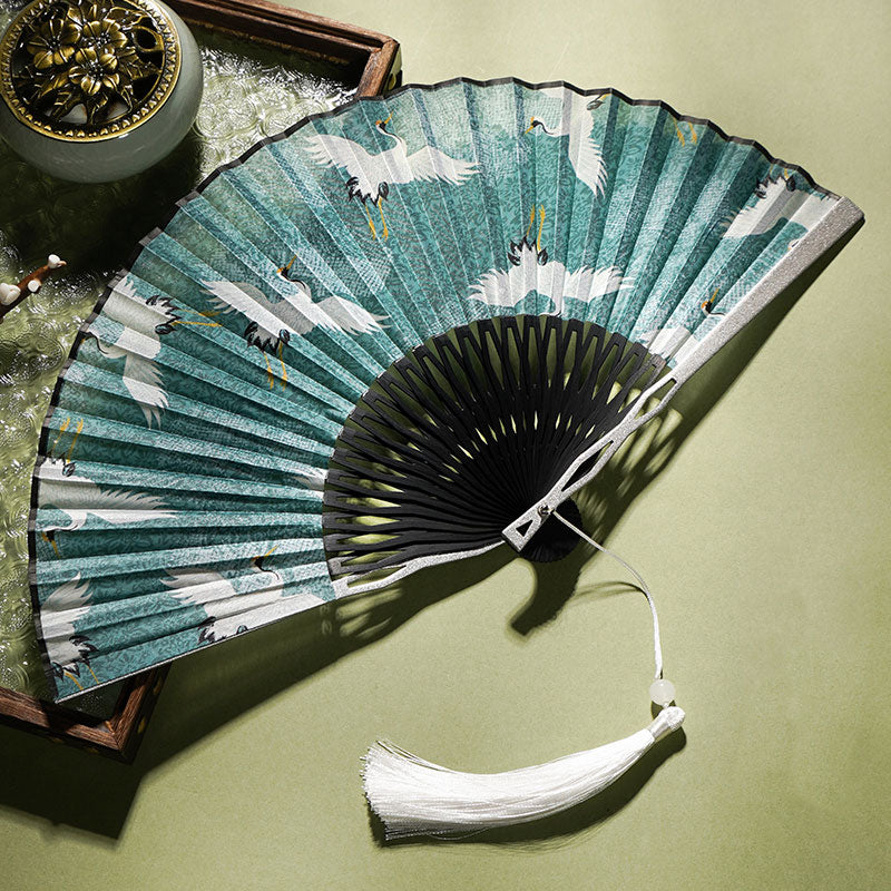Nimara Ritual Vintage Blue White Crane Pattern Handheld Silk Bamboo Folding Fan